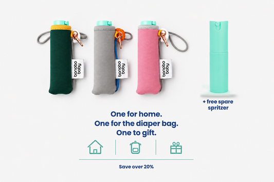 Three color variants of the Bonobo Baby Bidet set.  green, gray, and pink with a picture of a replacement 20 ml spritzer on a white background .