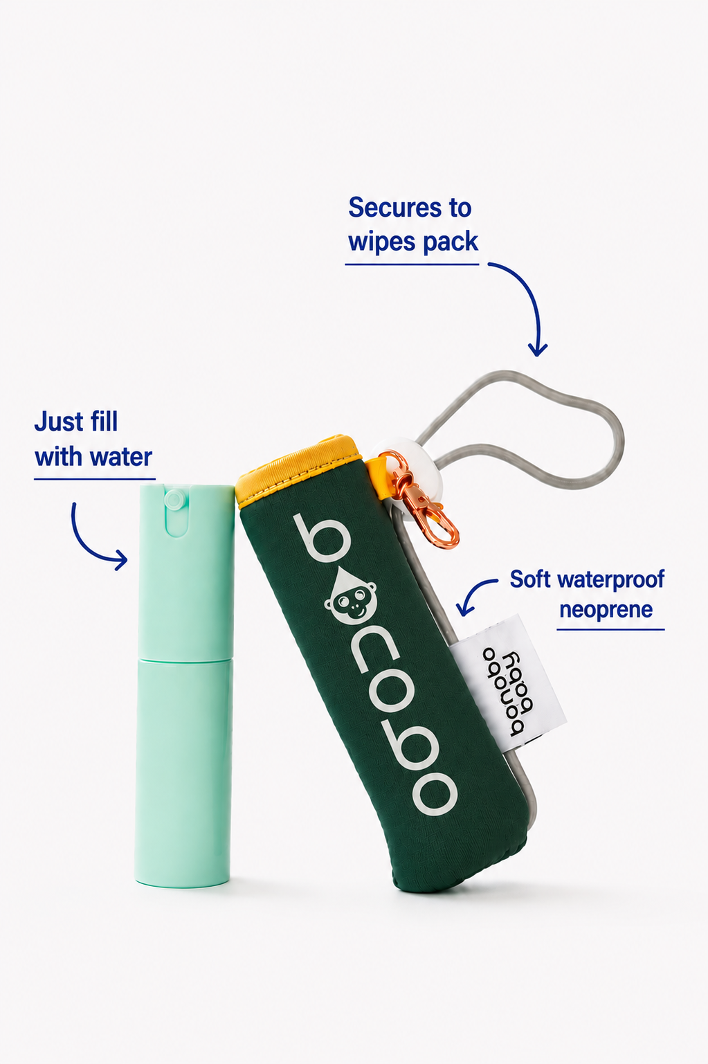 Evergreen bonobo baby pouch next to 20 ml spray bottle with text and a white background