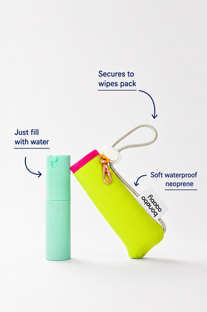 image showing the bonobo baby bidet. Green water bottle with pink top and clip, featuring text on a white background. 