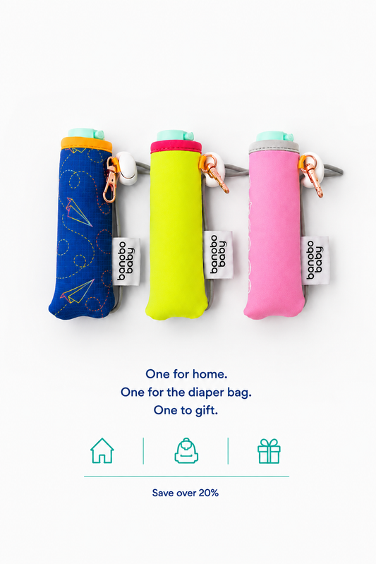 3 Bonobo baby bidets. Showing the variants "paper airplanes" "Neon Vibes", and "Pink".  Text at the bottom that says one for home, one for the diaper bag, one to gift. Save over 20%
