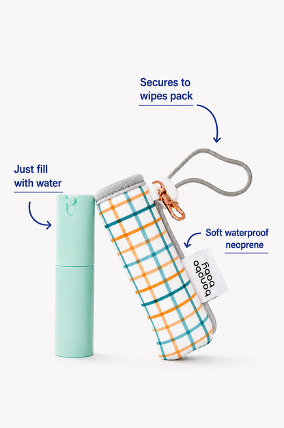 A waterproof neoprene pouch with a blue, orange, and white plaid pattern, shown next to a mint green refillable spray bottle. The image features blue text callouts explaining product features: 'Secures to wipes pack', 'Just fill with water', and 'Soft waterproof neoprene'.