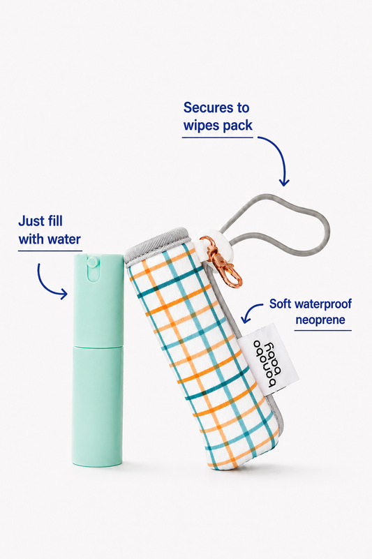A waterproof neoprene pouch with a blue, orange, and white plaid pattern, shown next to a mint green refillable spray bottle. The image features blue text callouts explaining product features: 'Secures to wipes pack', 'Just fill with water', and 'Soft waterproof neoprene'.