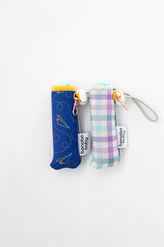 Bonobo Duo 2-pack neoprene wipes pouch with 20ml spritzer, grey view — compact travel-ready design.