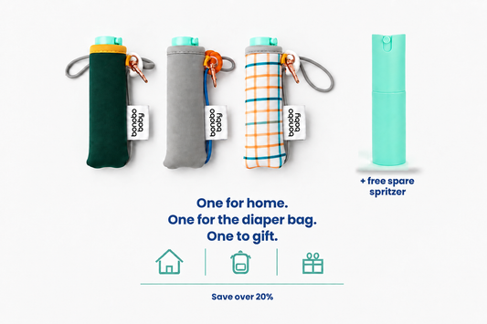 Three color variants of the Bonobo Baby Bidet set.  green, gray, and harvest gingham with a picture of a replacement 20 ml spritzer on a white background .