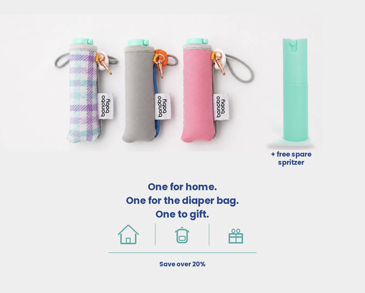 Three bonobo baby bidets in gingham ,gray, and pink with one replacement spray bottle shown on a white background. 